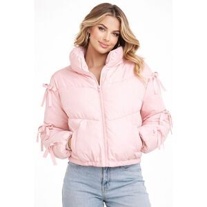 Madden Girl Cropped Pink Puffer Jacket Tie Sleeve Bow Detail Large